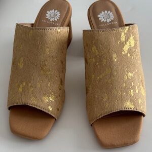 Yellow Box Tan Slide Mules with Gold Foil Detail